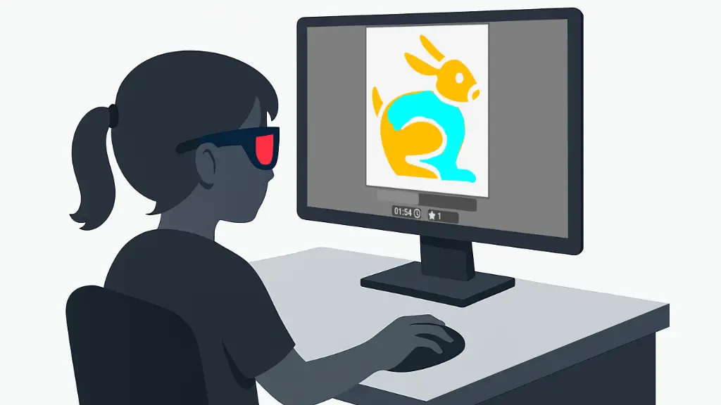 Child using BiColor vision therapy game with anaglyph glasses on a desktop computer