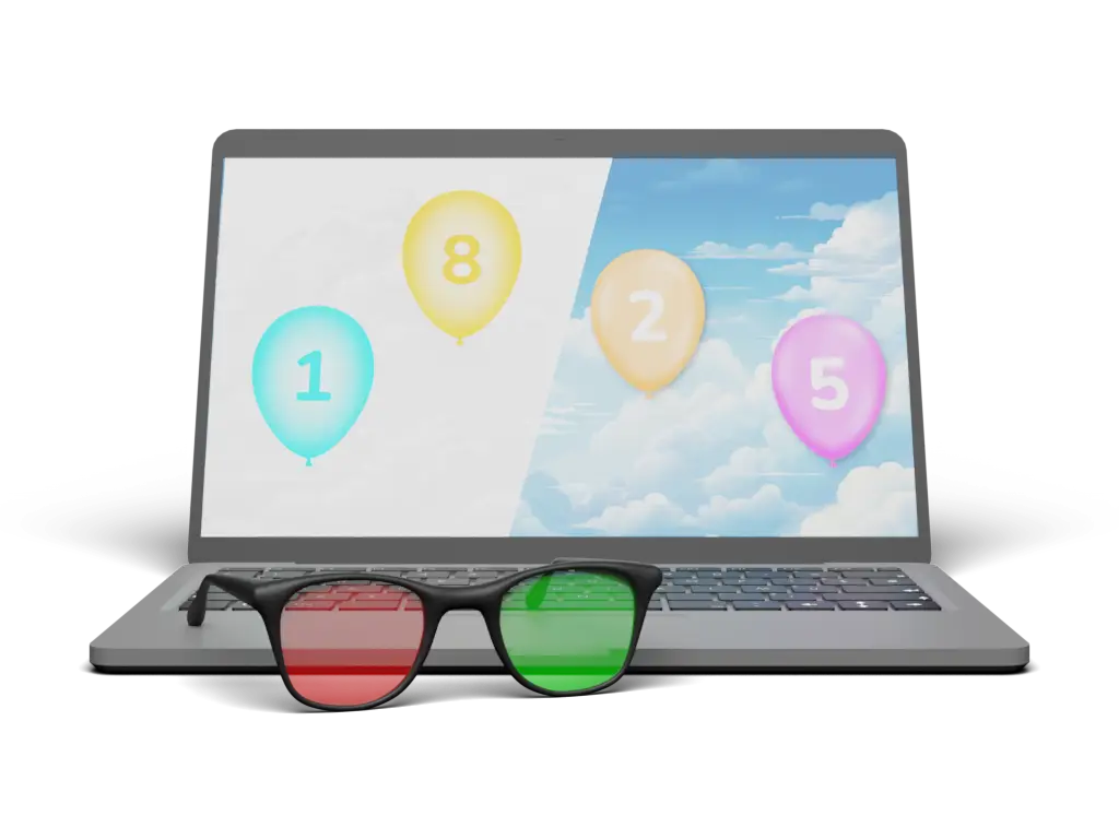 Laptop with anaglyph glasses showing a vision therapy mini-game for lazy eye (amblyopia)